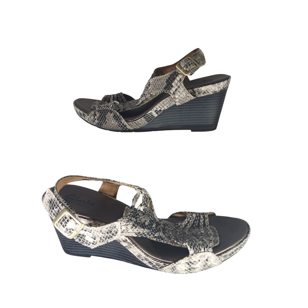 Clarks Wedge Sandals 9M‎ Grey Snakeskin Bendables 60287 Strappy Buckle Mob Wife